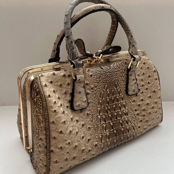 Women's Tan Alligator Skin Leather Top Handle Handbag Purse with Removable Strap - Picture 8 of 15